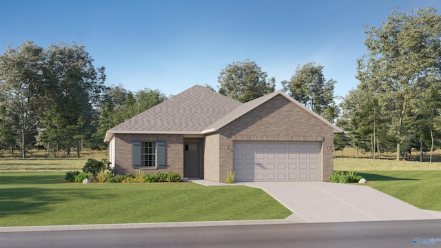 view of front of home with brick siding, a garage, driveway, and a front yard