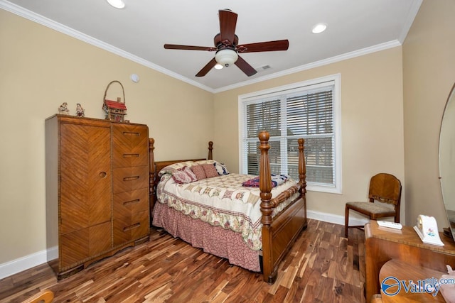 bedroom featuring crown molding, ceiling fan, and dark hardwood / wood-style flooring