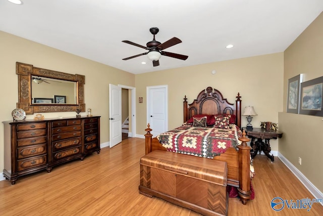 bedroom featuring ceiling fan and light wood-type flooring