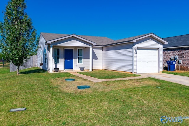 ranch-style home featuring a front yard and a garage