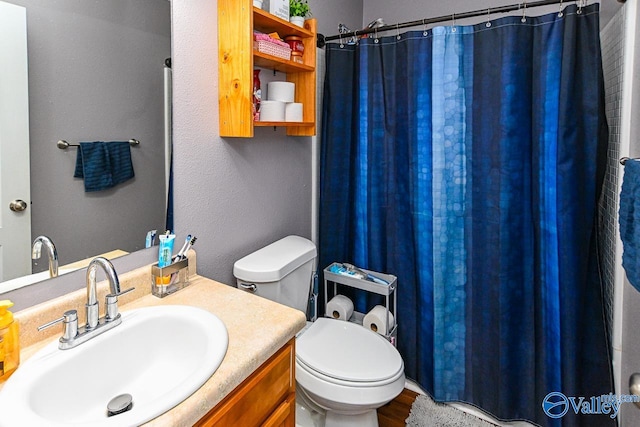 bathroom featuring vanity, curtained shower, wood-type flooring, and toilet