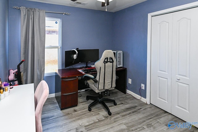 office featuring ceiling fan and hardwood / wood-style floors