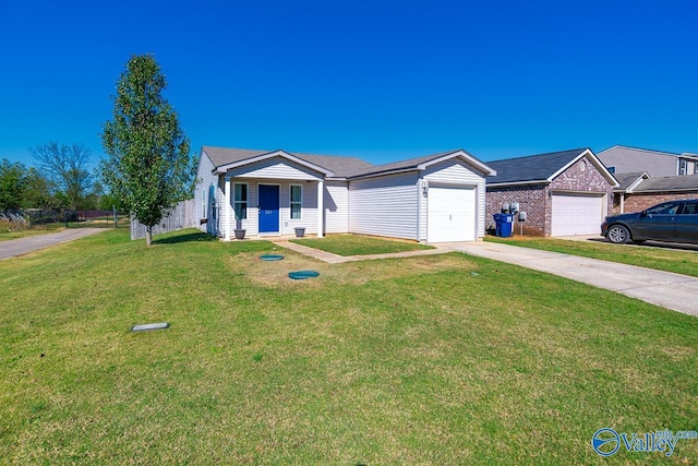 ranch-style home featuring a garage and a front lawn