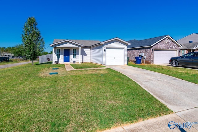 ranch-style house with a front yard and a garage