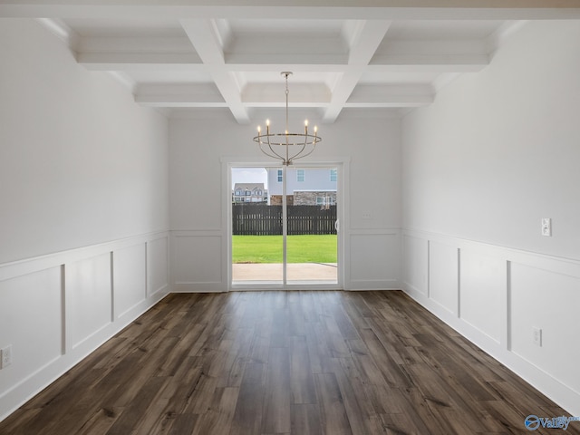 unfurnished dining area with beamed ceiling, dark wood-type flooring, coffered ceiling, and a chandelier