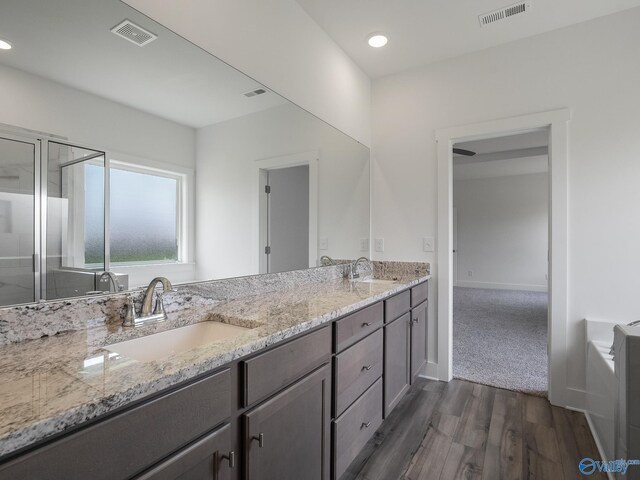 bathroom featuring vanity, hardwood / wood-style flooring, and walk in shower