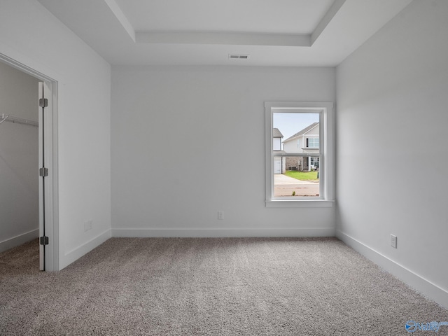 spare room featuring a tray ceiling and carpet floors