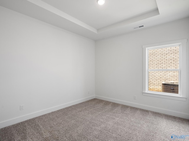 empty room featuring carpet flooring and a tray ceiling