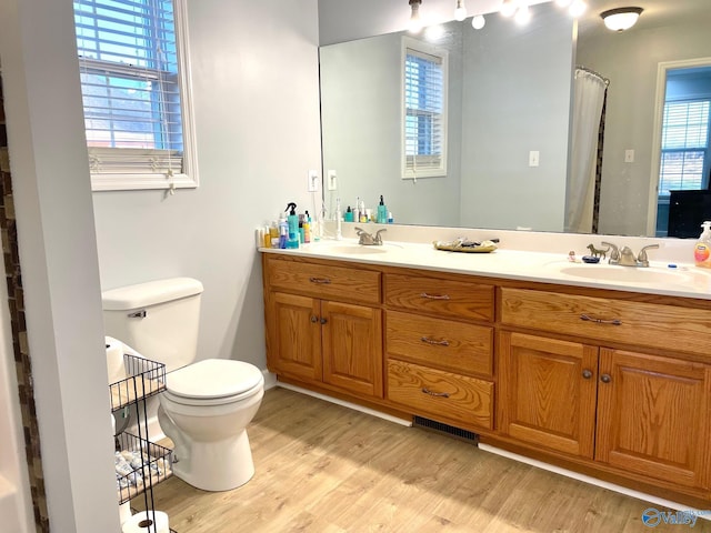 bathroom featuring wood-type flooring, toilet, vanity, and a healthy amount of sunlight