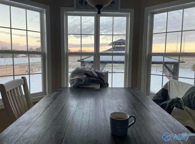 dining space with a water view and plenty of natural light