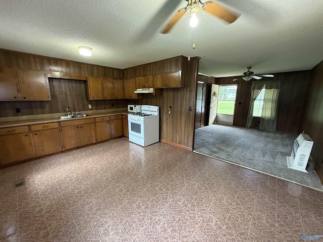 4435 Pilgrims Rest Rd, Southside, AL 35907 - kitchen featuring white gas range, a ceiling fan, under cabinet range hood, light countertops, and a textured ceiling