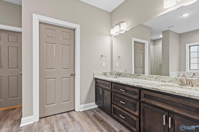 bathroom with vanity, wood-type flooring, and a shower with door