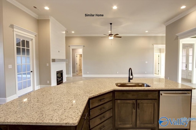 BELLEWOOD-B Mallard Dr, Madison, AL 35756 - kitchen with stainless steel dishwasher, open floor plan, ceiling fan, dark brown cabinets, and recessed lighting
