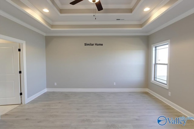 BELLEWOOD-B Mallard Dr, Madison, AL 35756 - unfurnished room with a raised ceiling, ceiling fan, crown molding, light wood-style floors, and recessed lighting