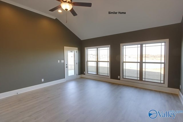 BELLEWOOD-B Mallard Dr, Madison, AL 35756 - empty room with a ceiling fan, plenty of natural light, light wood-style floors, and vaulted ceiling