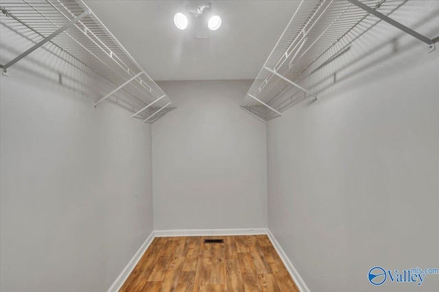 walk in closet with visible vents and wood finished floors