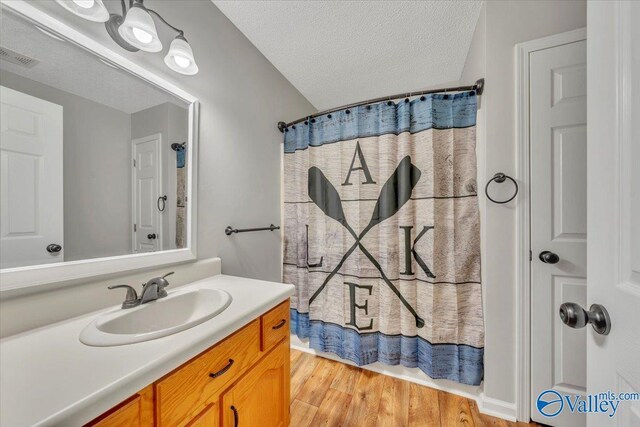 bathroom featuring vanity, a textured ceiling, visible vents, and wood finished floors