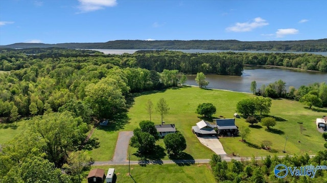 birds eye view of property featuring a water view and a forest view