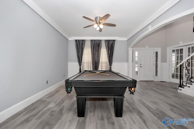 game room with hardwood / wood-style flooring, pool table, ceiling fan, and ornamental molding