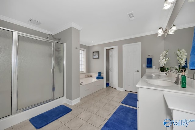 bathroom with tile patterned flooring, vanity, ornamental molding, and shower with separate bathtub