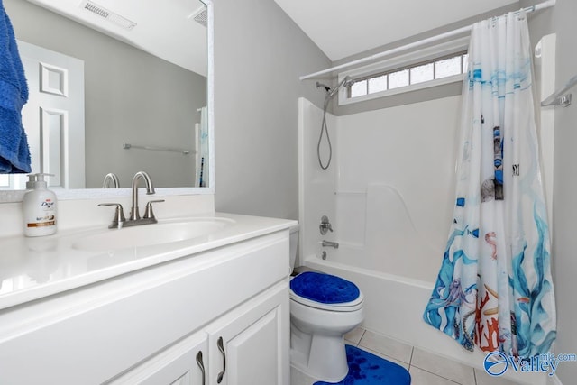 full bathroom with tile patterned flooring, vanity, shower / tub combo with curtain, and toilet