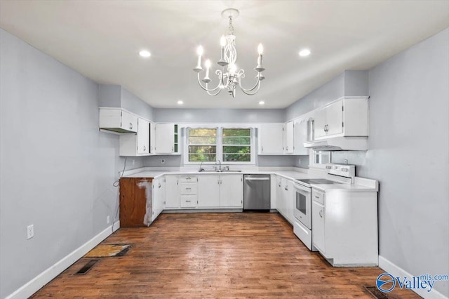 kitchen with white cabinets, stainless steel dishwasher, dark hardwood / wood-style floors, and electric range