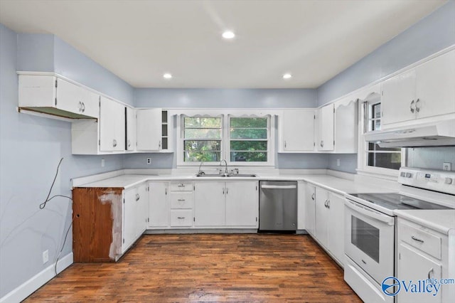 kitchen featuring dishwasher, white cabinets, sink, and electric range