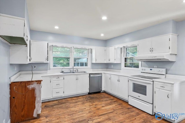 kitchen featuring white cabinetry, plenty of natural light, stainless steel dishwasher, and electric range