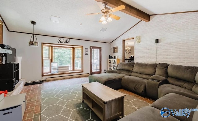 living area featuring baseboards, brick wall, ornamental molding, vaulted ceiling with beams, and baseboard heating