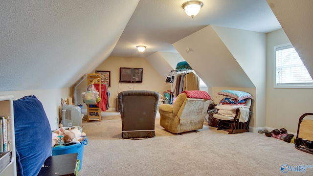 game room with lofted ceiling and light carpet