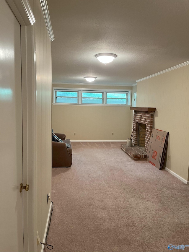 6818 Criner Rd SE, Huntsville, AL 35802 - unfurnished room with carpet flooring, a brick fireplace, ornamental molding, a textured ceiling, and baseboards