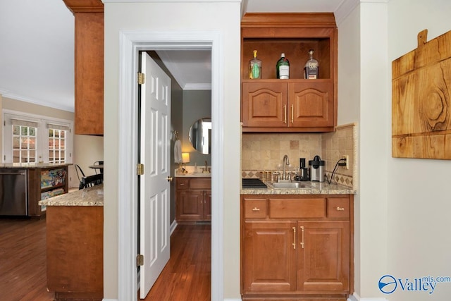2616 Bransford Trl SE, Owens Cross Roads, AL 35763 - bar with stainless steel dishwasher, dark wood-type flooring, a sink, and crown molding