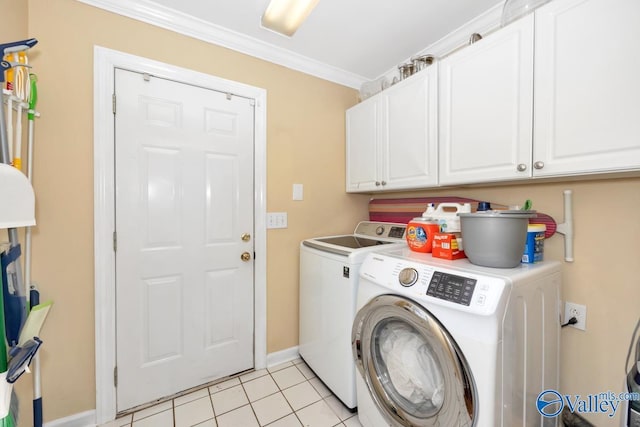 2616 Bransford Trl SE, Owens Cross Roads, AL 35763 - laundry area with cabinet space, independent washer and dryer, light tile patterned flooring, and crown molding
