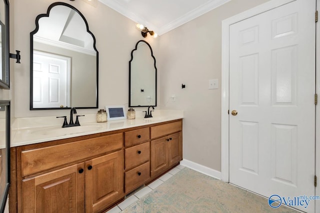 2616 Bransford Trl SE, Owens Cross Roads, AL 35763 - bathroom with a sink, ornamental molding, tile patterned floors, and double vanity