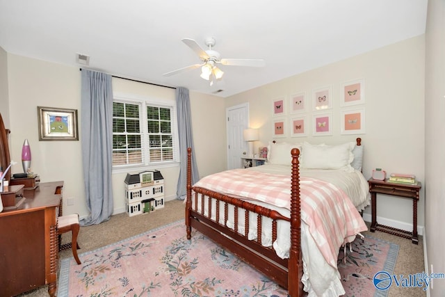 2616 Bransford Trl SE, Owens Cross Roads, AL 35763 - carpeted bedroom with visible vents, baseboards, and ceiling fan