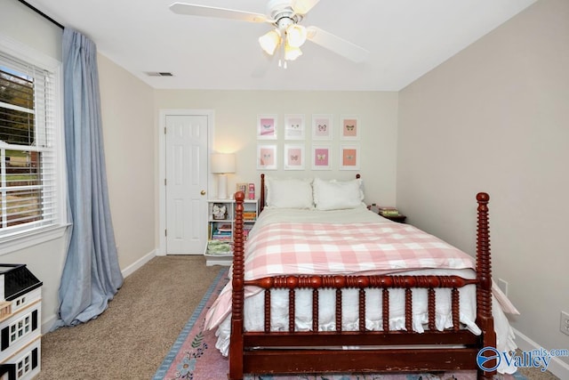 2616 Bransford Trl SE, Owens Cross Roads, AL 35763 - bedroom with carpet flooring, baseboards, a ceiling fan, and visible vents