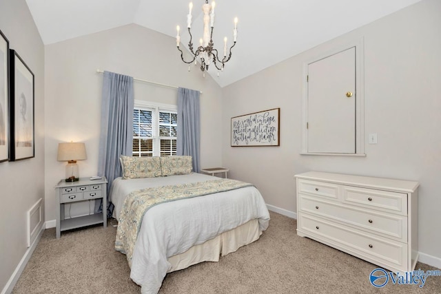 2616 Bransford Trl SE, Owens Cross Roads, AL 35763 - bedroom with baseboards, light colored carpet, a notable chandelier, and vaulted ceiling