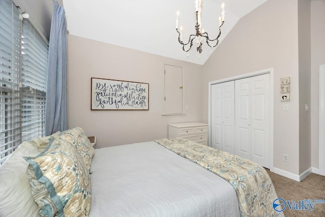 2616 Bransford Trl SE, Owens Cross Roads, AL 35763 - bedroom featuring an inviting chandelier, a closet, carpet flooring, lofted ceiling, and baseboards