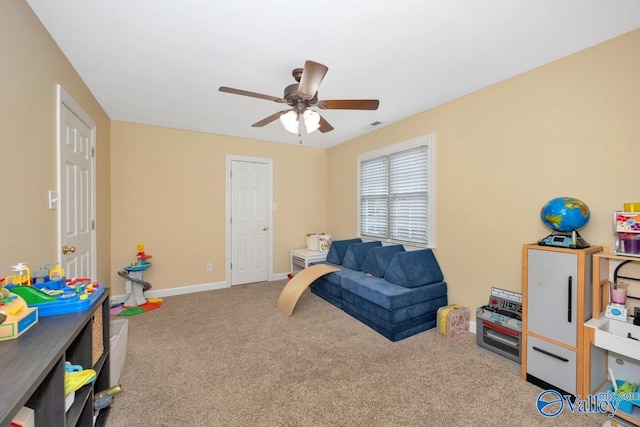 2616 Bransford Trl SE, Owens Cross Roads, AL 35763 - playroom with carpet, visible vents, baseboards, and ceiling fan
