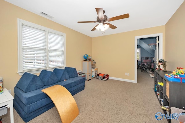 2616 Bransford Trl SE, Owens Cross Roads, AL 35763 - interior space with carpet flooring, baseboards, a ceiling fan, and visible vents