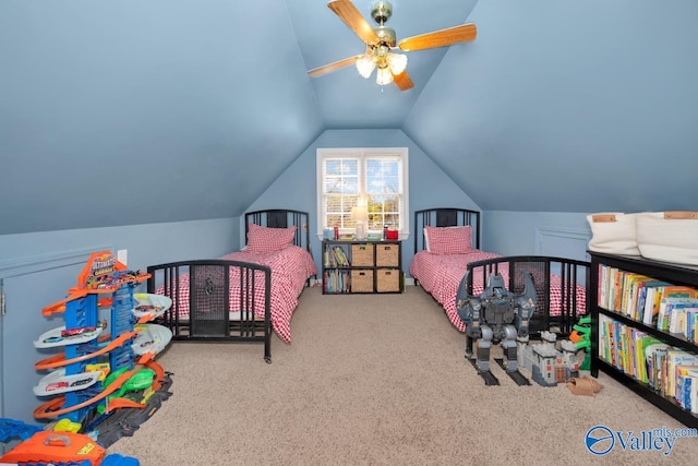 2616 Bransford Trl SE, Owens Cross Roads, AL 35763 - bedroom with a ceiling fan, lofted ceiling, and carpet floors