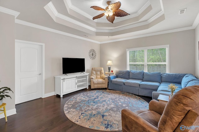 158 Kenton Ln, Madison, AL 35756 - living room with baseboards, dark wood-style floors, a ceiling fan, visible vents, and a raised ceiling