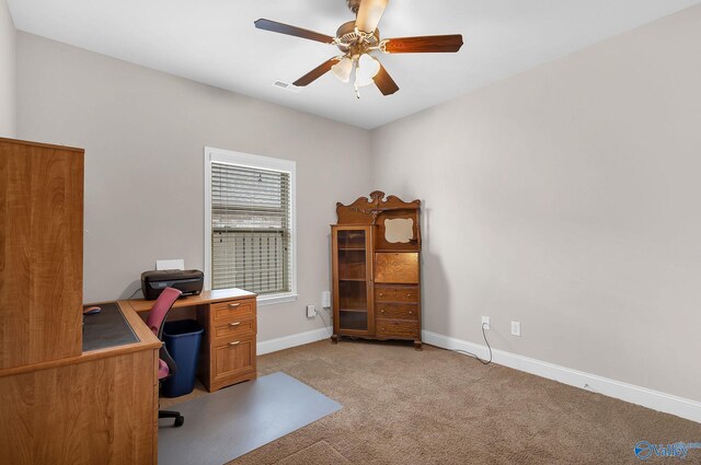 158 Kenton Ln, Madison, AL 35756 - home office featuring light carpet, visible vents, baseboards, and ceiling fan