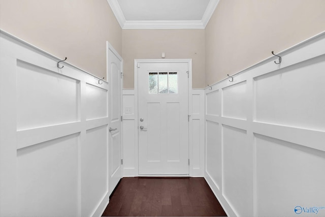 158 Kenton Ln, Madison, AL 35756 - doorway to outside featuring crown molding, a decorative wall, dark wood-style flooring, and wainscoting