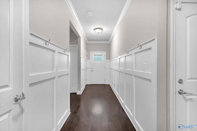158 Kenton Ln, Madison, AL 35756 - corridor with dark wood-style floors, a decorative wall, ornamental molding, and a wainscoted wall