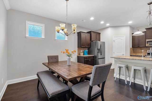 158 Kenton Ln, Madison, AL 35756 - dining area featuring visible vents, recessed lighting, a chandelier, dark wood-style flooring, and baseboards