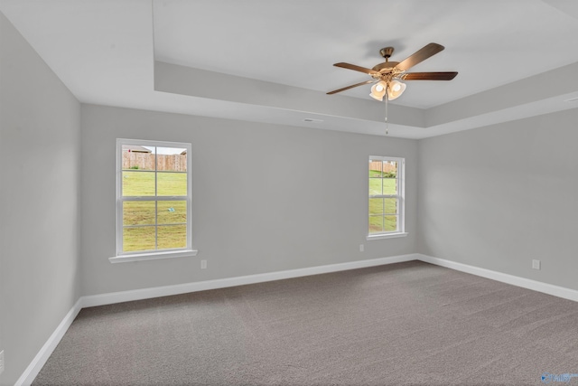 spare room with carpet, a tray ceiling, and ceiling fan