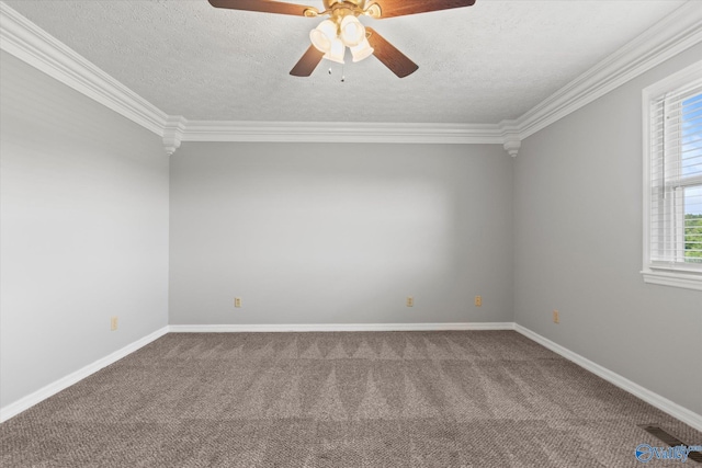 unfurnished room featuring ceiling fan, crown molding, carpet flooring, and a textured ceiling