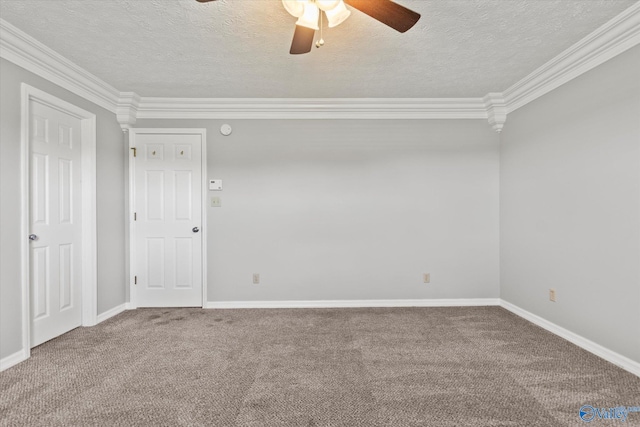 empty room with ceiling fan, a textured ceiling, and carpet floors