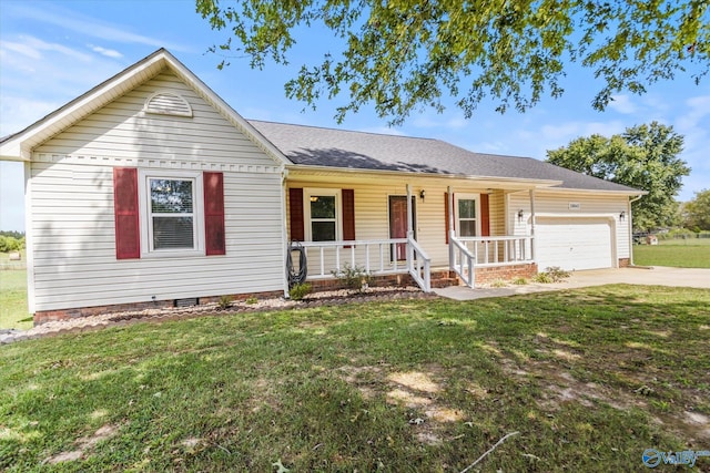 ranch-style home with a garage, a front lawn, and covered porch